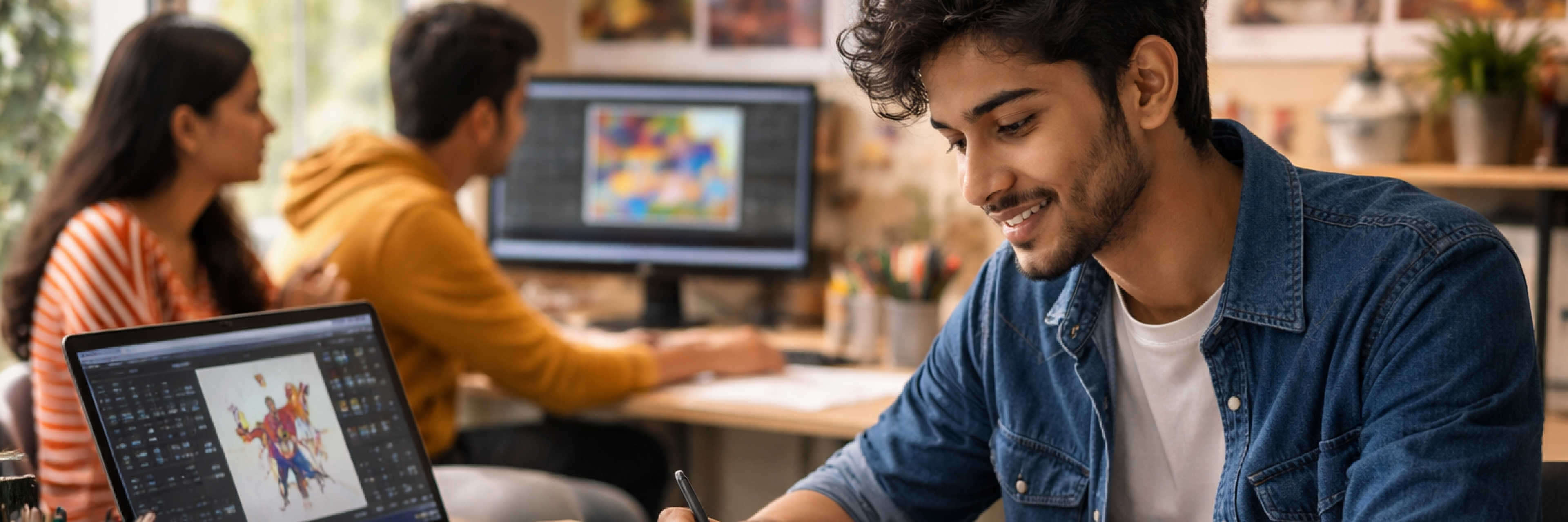 Students learning animation and graphic design degree concepts including VFX, digital illustration, and creative media production at Atlas University.