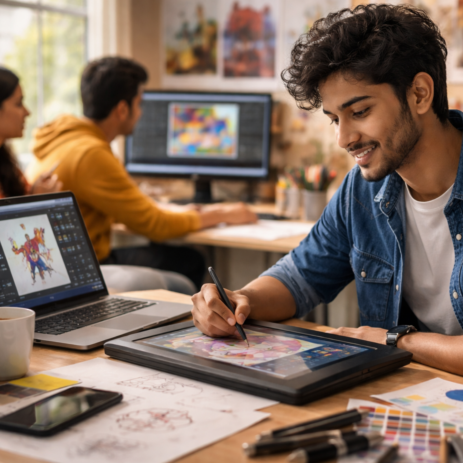 Students learning animation and graphic design degree concepts including VFX, digital illustration, and creative media production at Atlas University.