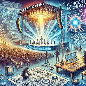 concert economy concept illustration with live performance, audience, and digital production setup