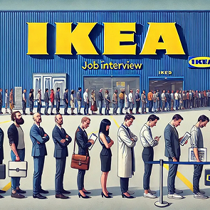 IKEA job interview queue with candidates waiting outside store