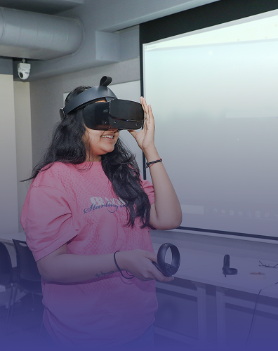 student using virtual reality headset in classroom for immersive learning