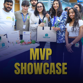 students presenting projects at MVP showcase event with faculty and prototypes