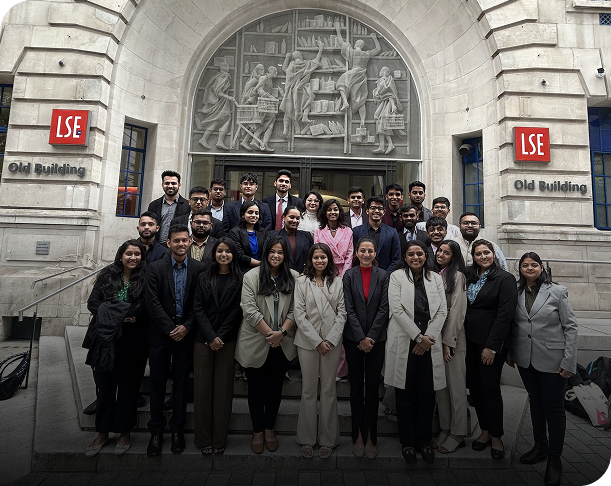students group at London School of Economics campus Old Building entrance