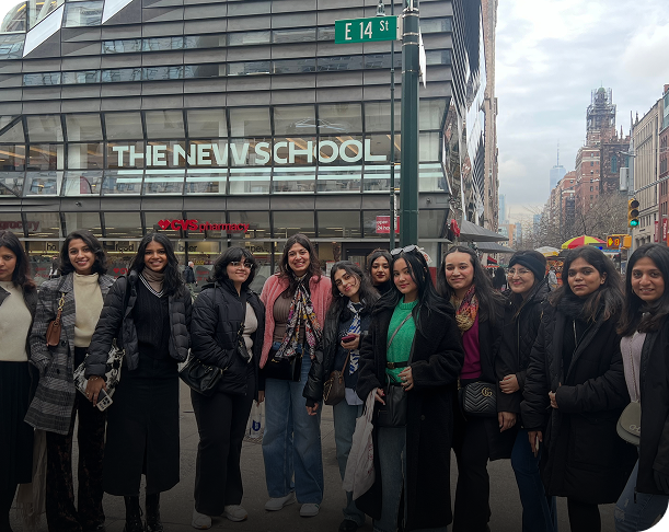 students group at New School campus New York city street visit