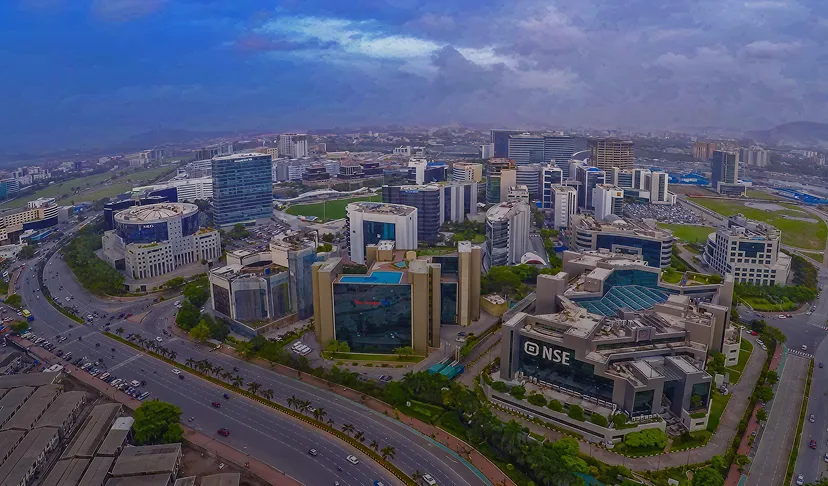 aerial view of modern business district with NSE building and corporate offices