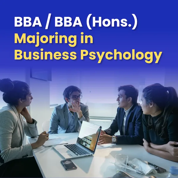 BBA and BBA Hons Business Psychology program concept with brain illustration and human interaction