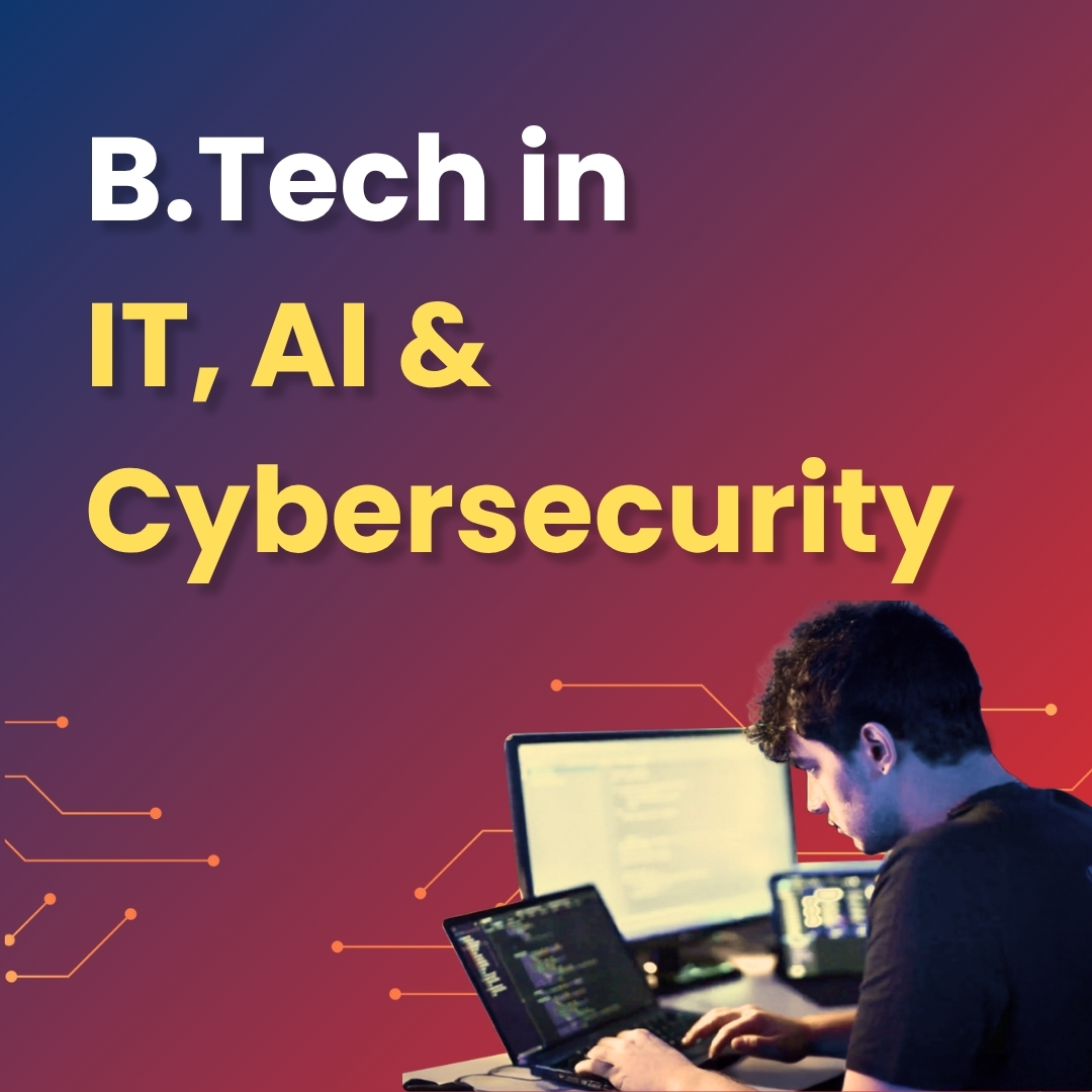 BTech IT AI and Cybersecurity program with coding and cybersecurity analysis on laptop