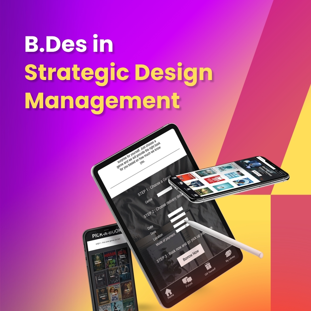 BDes Strategic Design Management program showcasing digital product design, user interface design, and app development concepts