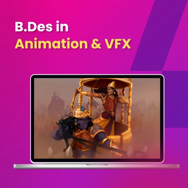 BDes Animation and VFX program showcasing 3D character animation and visual effects on laptop screen
