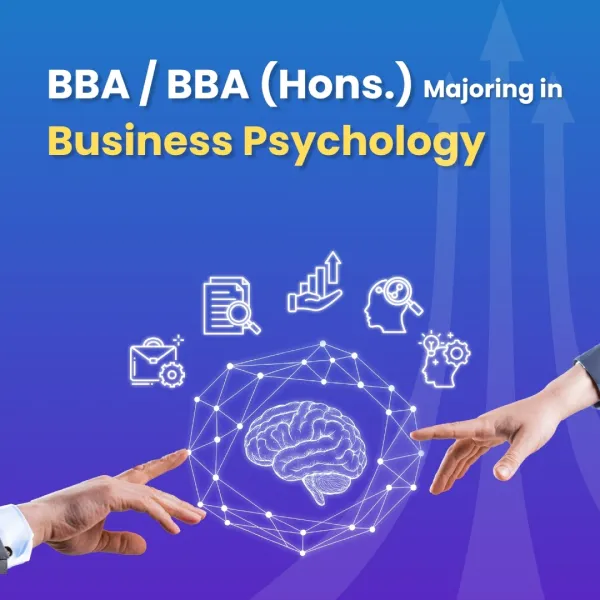 BBA and BBA Hons Business Psychology program concept with brain illustration and human interaction