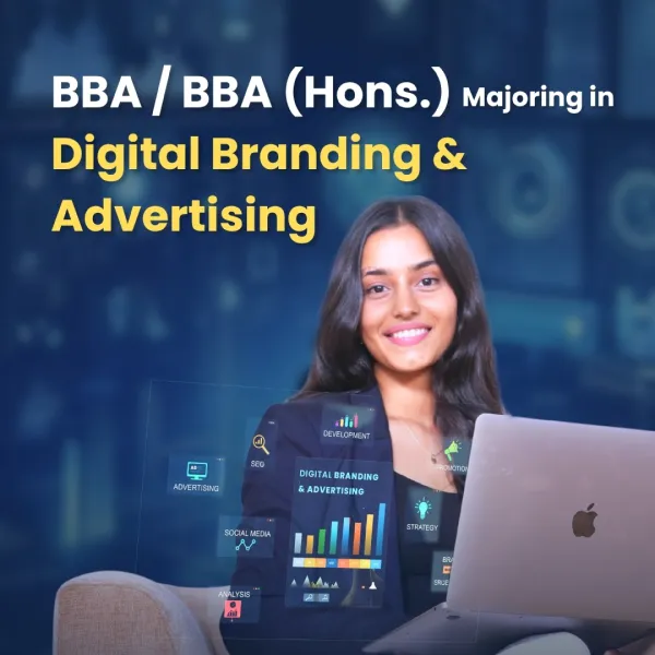 BBA Digital Branding and Advertising program student working on laptop with digital marketing analytics and branding tools
