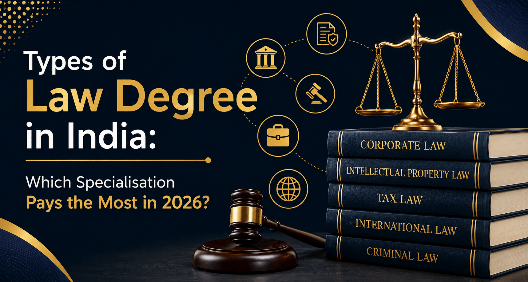 Infographic showing types of law degrees in India including BA LLB, BBA LLB, BCom LLB, three-year LLB law degree, and LLM with key differences