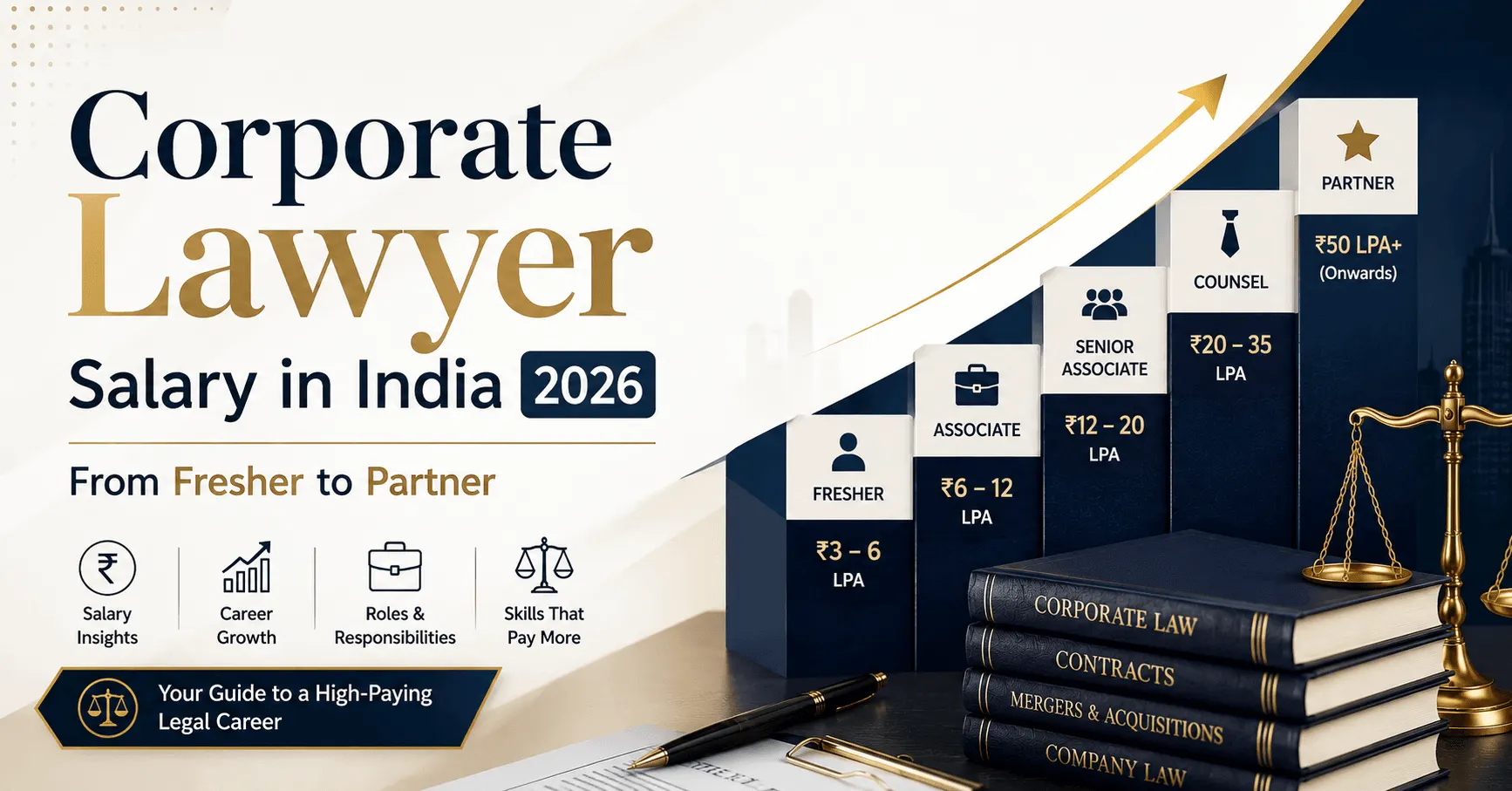 Infographic showing corporate lawyer salary in India across career stages from fresher at ₹4–10 LPA to partner at ₹1 crore plus