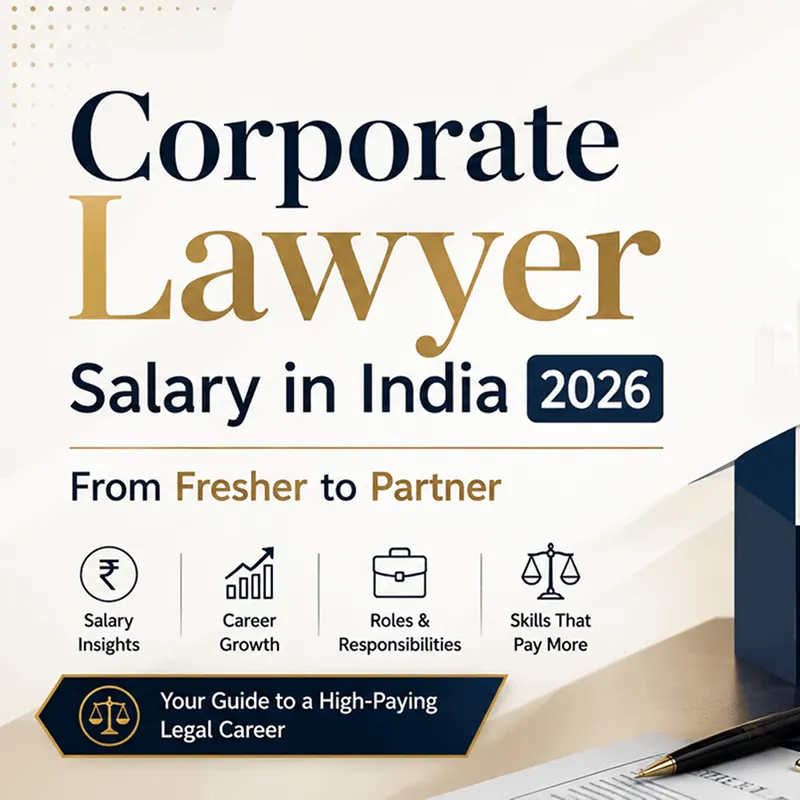 Infographic showing corporate lawyer salary in India across career stages from fresher at ₹4–10 LPA to partner at ₹1 crore plus