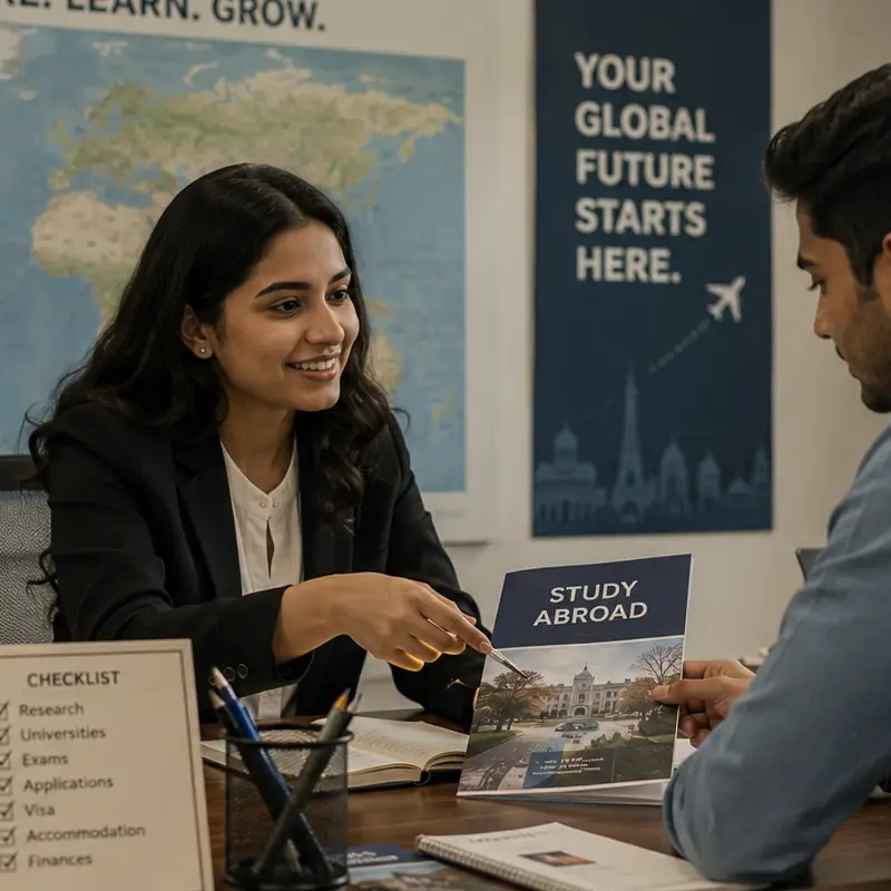 Infographic showing how to study abroad from India covering pathways, costs, exchange programs, scholarships, and planning steps