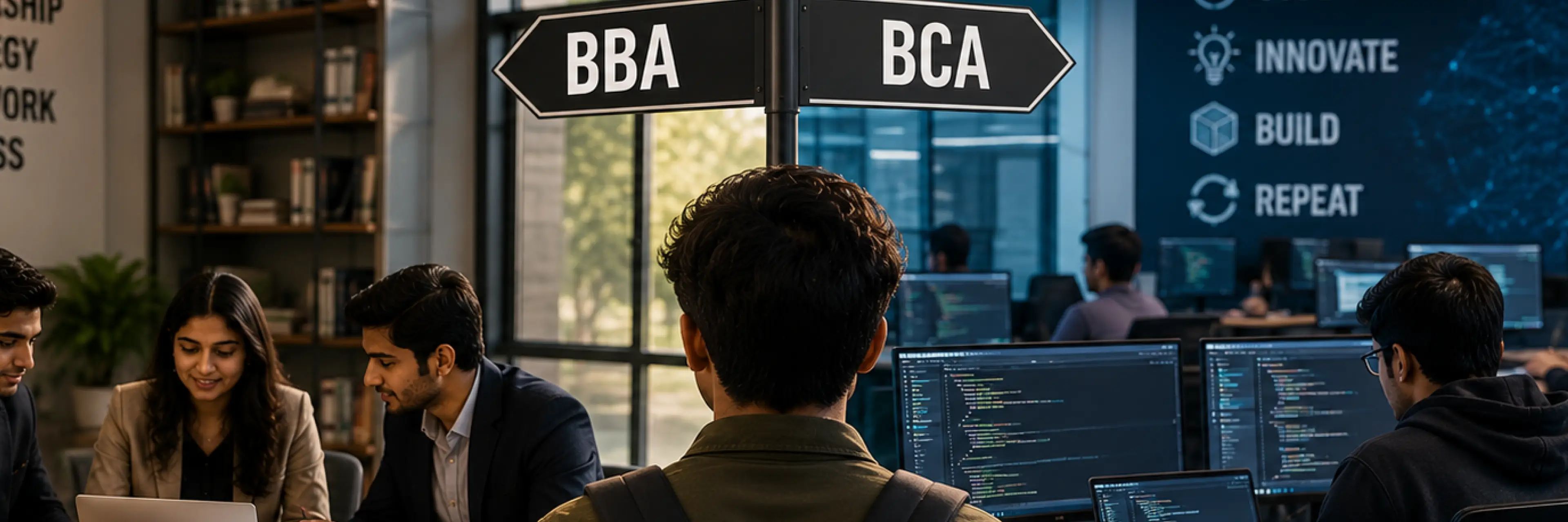 Infographic comparing BBA vs BCA across career paths, salary potential, skills developed, and industries in India 2025