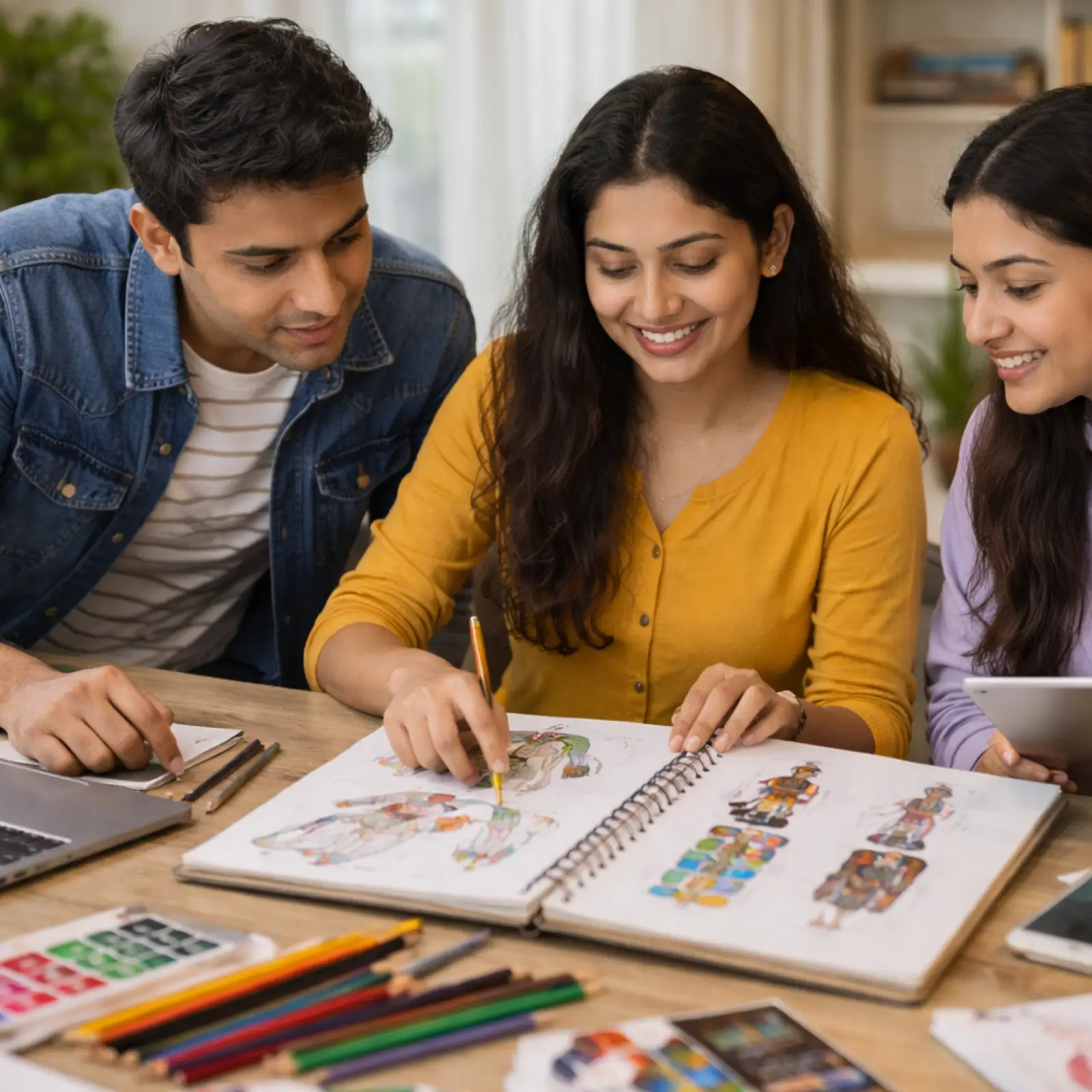 A Grade 12 student building a B Des portfolio with sketches, notes, and design projects spread across a workspace