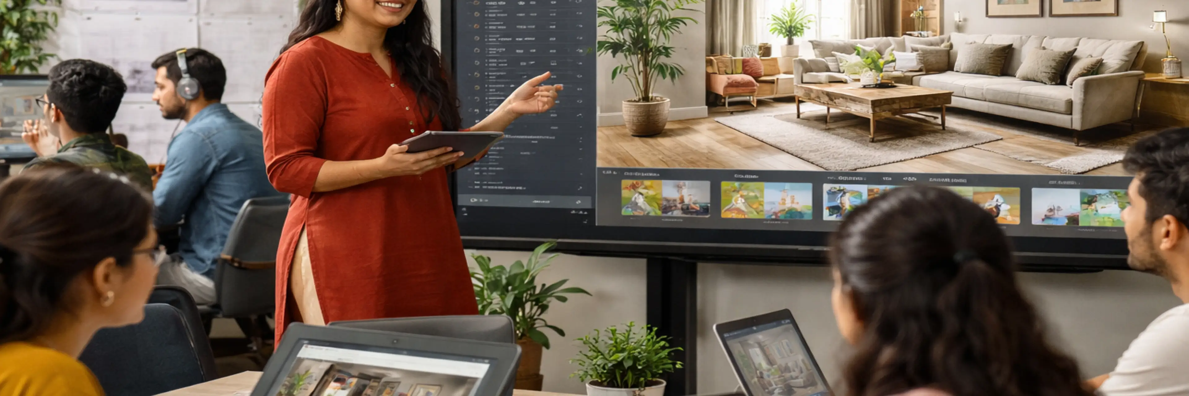 A B Des Interior Design student in India using AI tools to visualise and refine spatial concepts in a studio environment