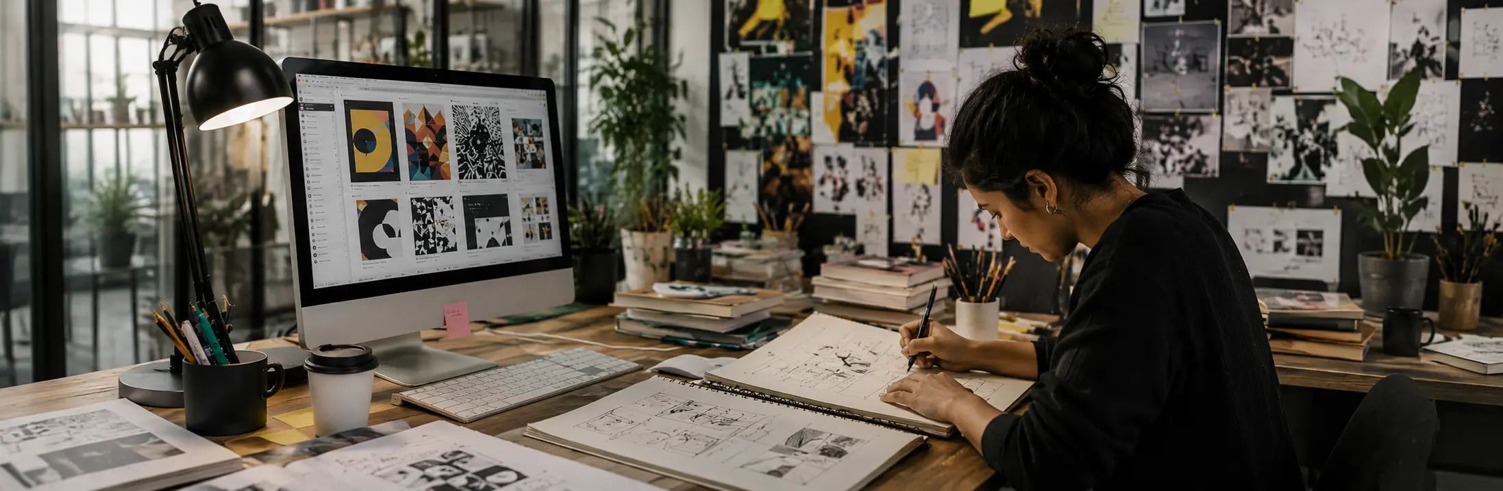 Infographic showing how B Des communication design students can balance AI-generated design with human creativity and strategic design thinking
