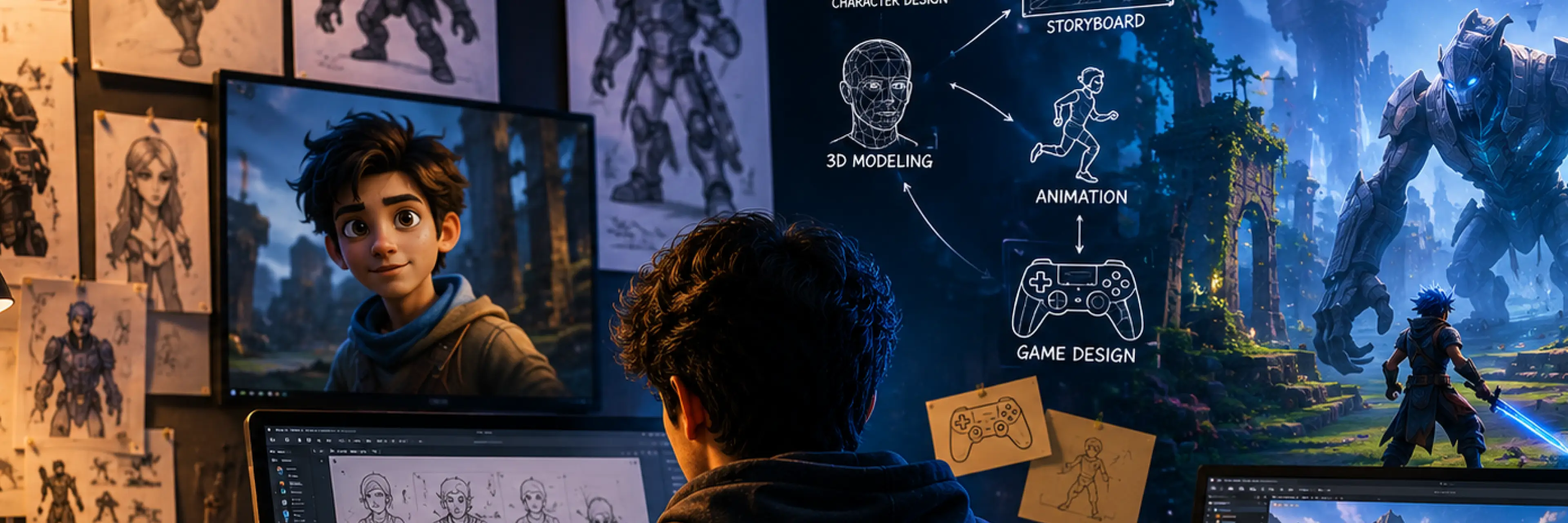 Infographic showing how a B Des in animation and VFX degree connects to game design, XR, and emerging digital careers in India