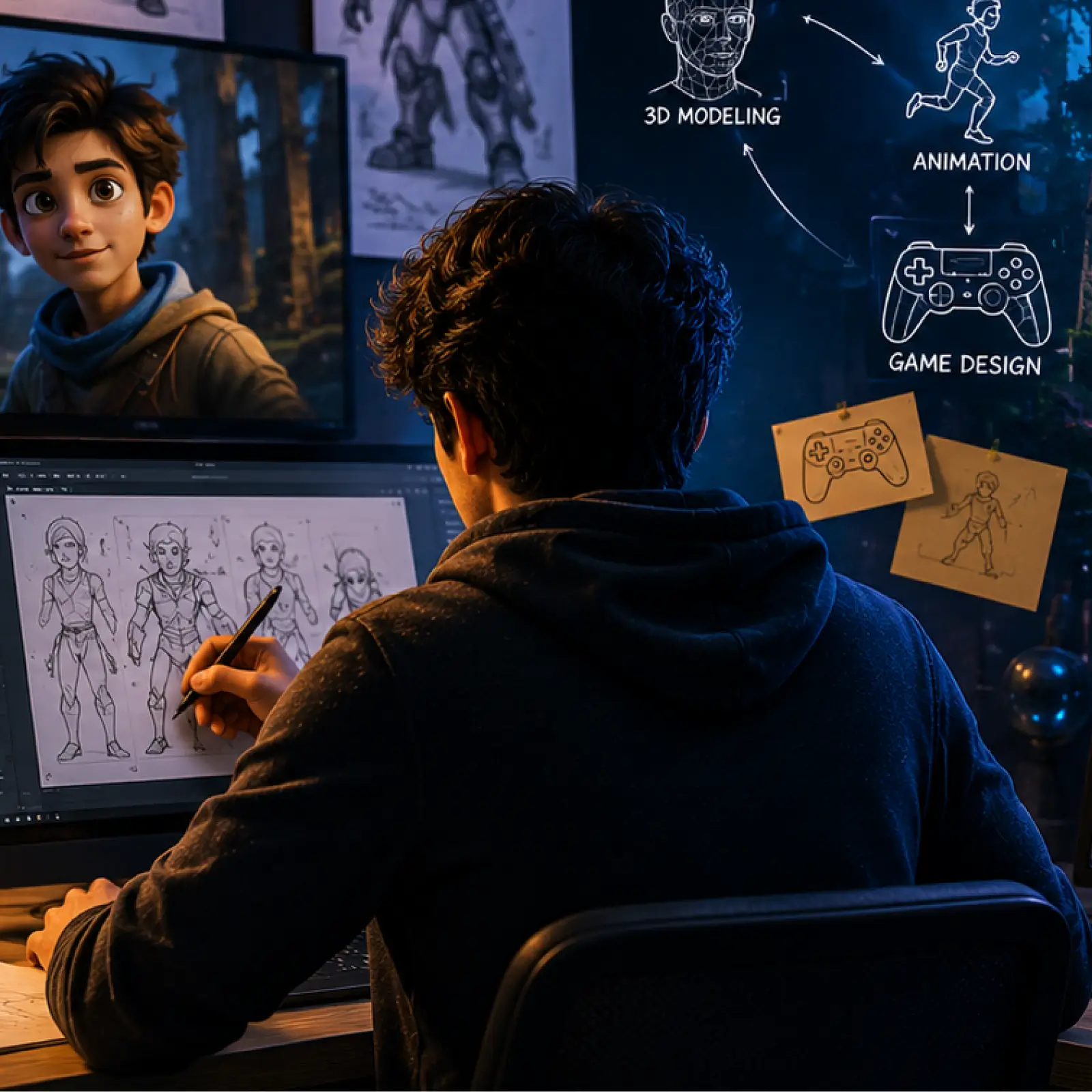 Infographic showing how a B Des in animation and VFX degree connects to game design, XR, and emerging digital careers in India