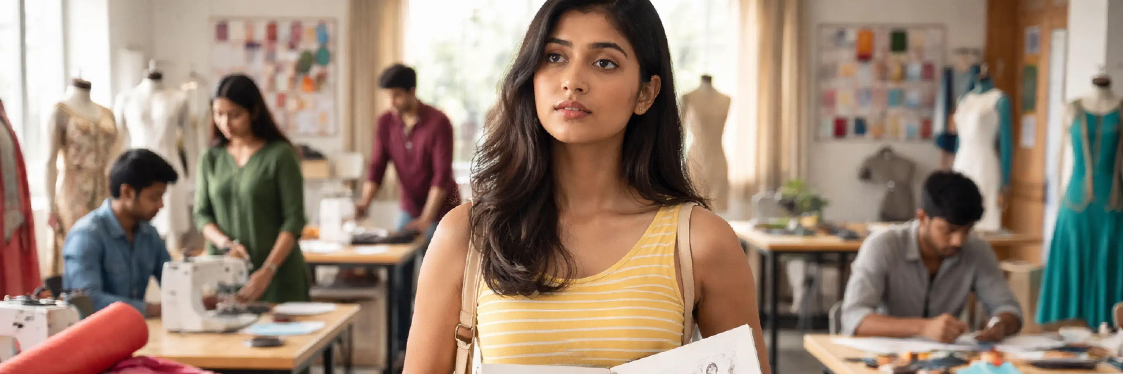 Students working in a fashion design school in India during a studio session