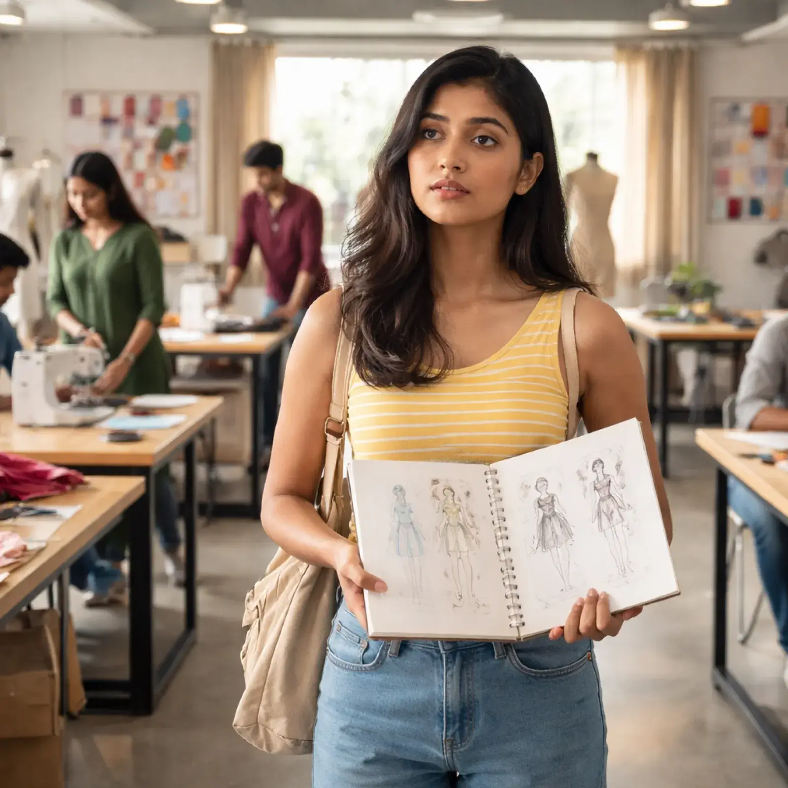 Students working in a fashion design school in India during a studio session
