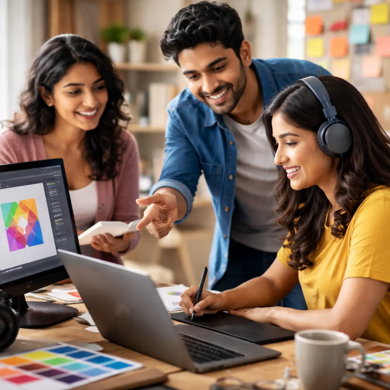 A student working on design software as part of a visual communication degree curriculum