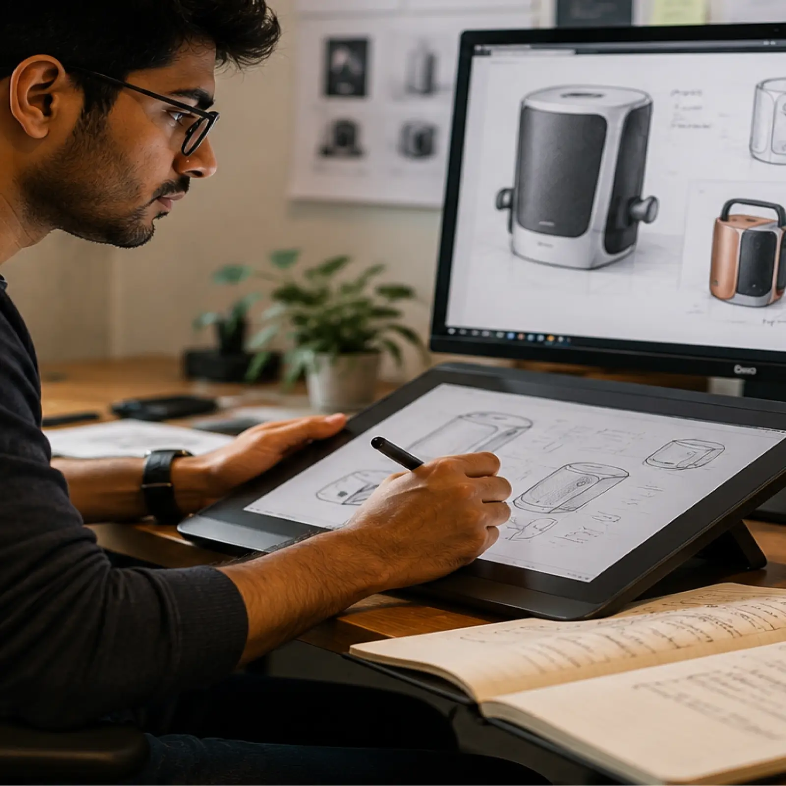 Infographic showing what a product designer does across research, ideation, prototyping, and collaboration in a B Des product design career