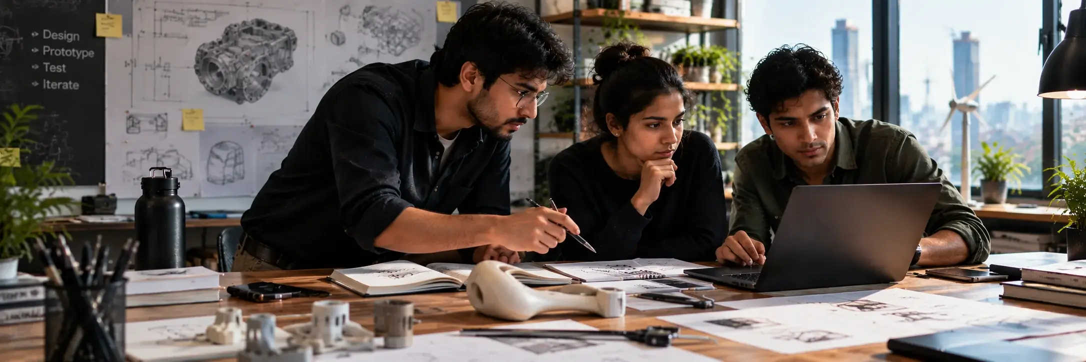 Designers and engineers collaborating on a product prototype during the design engineering process