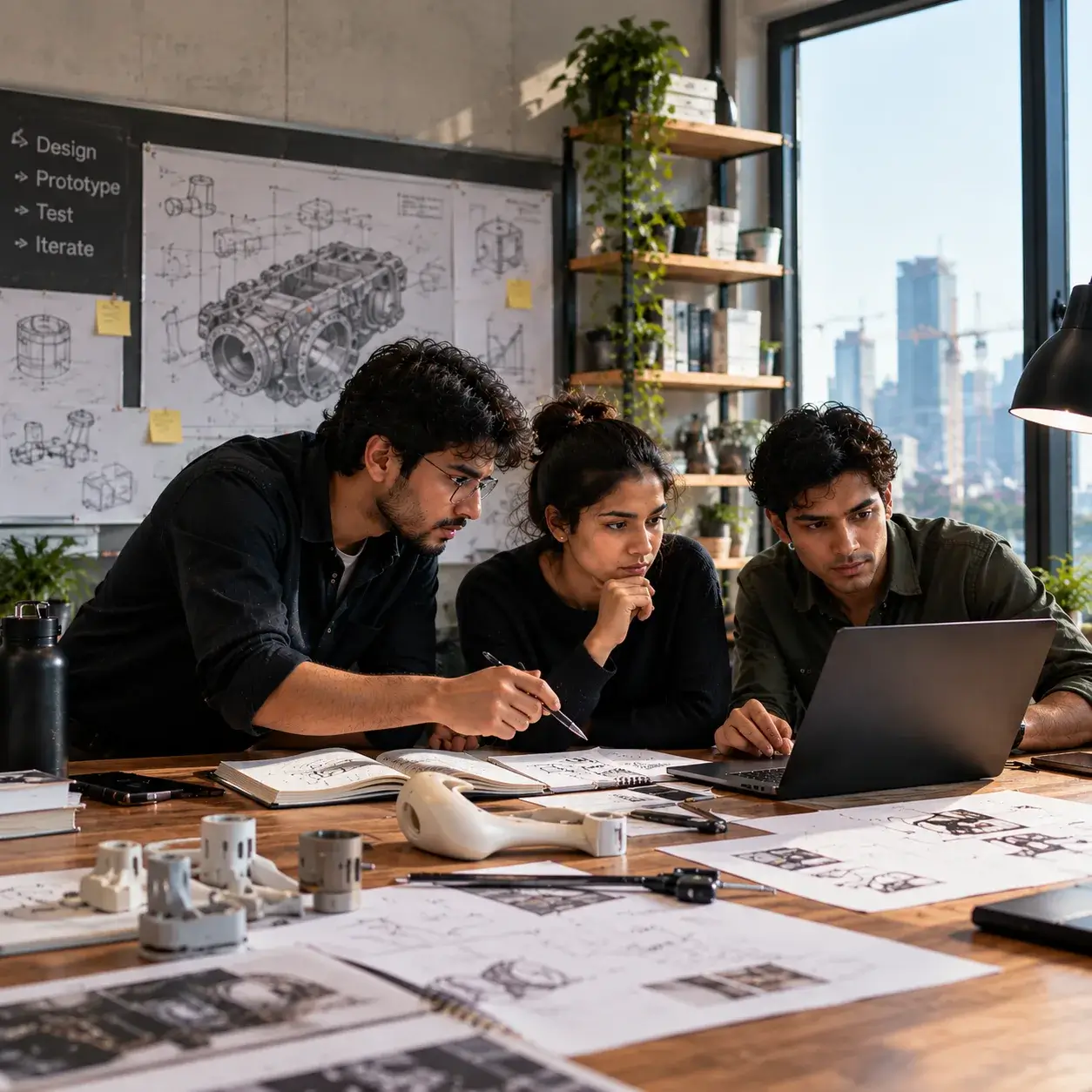 Designers and engineers collaborating on a product prototype during the design engineering process