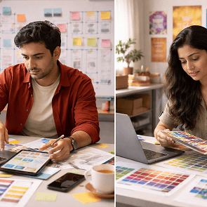 Side-by-side comparison of B Des Communication Design and b des graphic design showing differences in scope and outcomes
