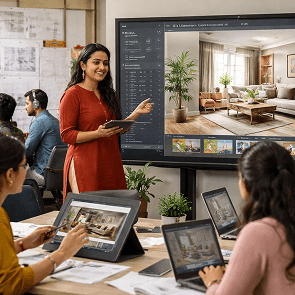 A B Des Interior Design student in India using AI tools to visualise and refine spatial concepts in a studio environment