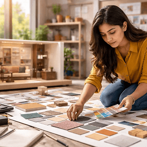 Students learning interior design degree concepts at Atlas University, one of the best institutes for interior designing in India