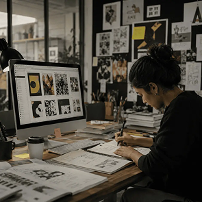 Infographic showing how B Des communication design students can balance AI-generated design with human creativity and strategic design thinking