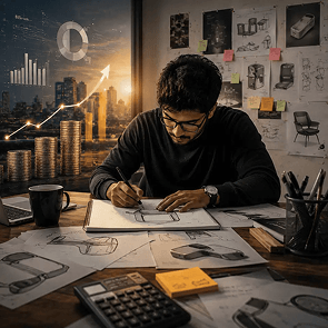 Infographic showing product designer salary ranges in India 2026 for B Des product design graduates across entry, mid, senior, and leadership levels