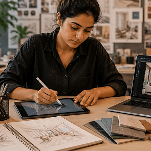 Visual showing four categories of AI tools interior design degree students should know including concept generation, space planning, rendering, and personalisation