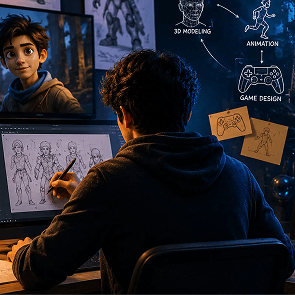 Infographic showing how a B Des in animation and VFX degree connects to game design, XR, and emerging digital careers in India