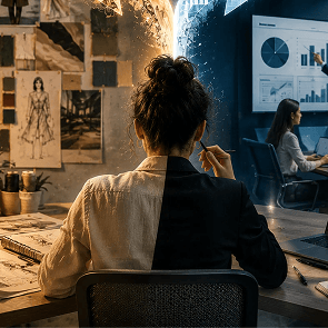 Infographic comparing strategic design management and MBA in design management across thinking style, learning approach, and career outcomes