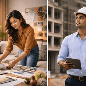 A split visual comparing an interior design degree path and an architecture degree path in India