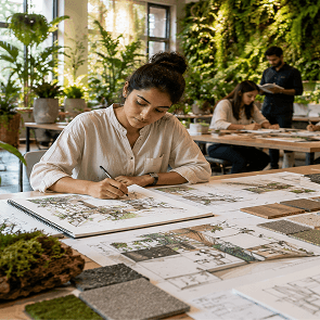 Infographic explaining how biophilic interior design is reshaping interior design degree programs and student learning in 2026