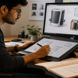 Infographic showing what a product designer does across research, ideation, prototyping, and collaboration in a B Des product design career