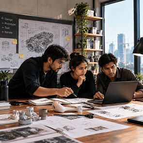 Designers and engineers collaborating on a product prototype during the design engineering process