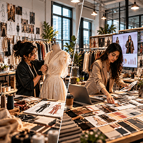 Students comparing fashion design and fashion brand management career paths