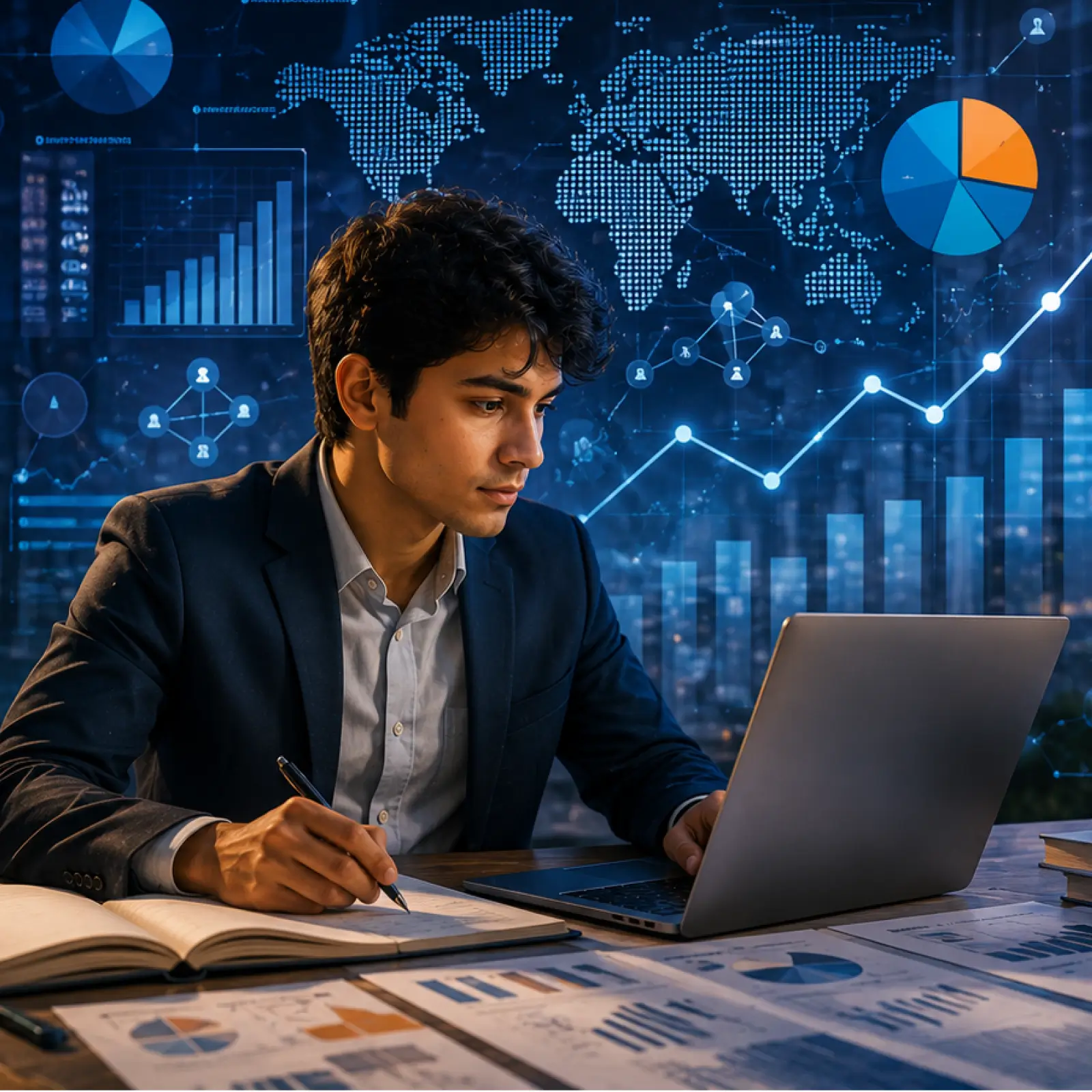 Visual showing the core BBA business analytics subjects including management, statistics, predictive analytics, and financial analysis