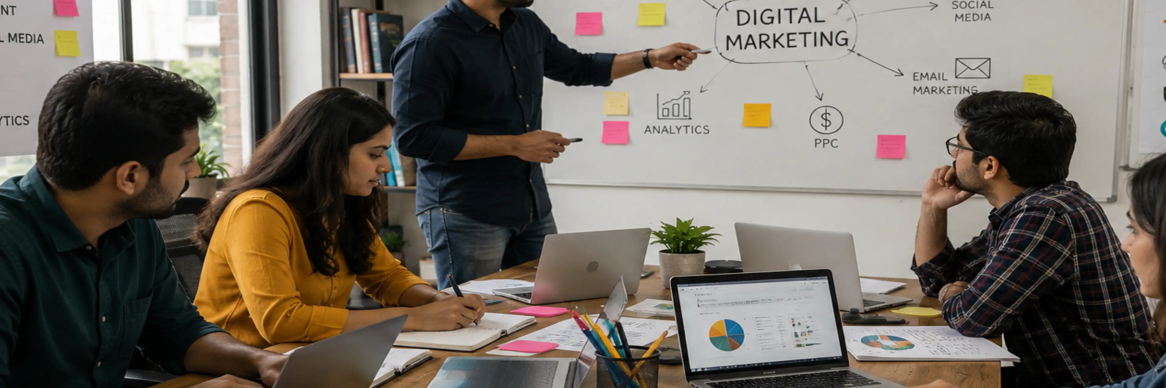 Infographic showing core BBA in digital marketing subjects including SEO, social media, analytics, content strategy, and e-commerce