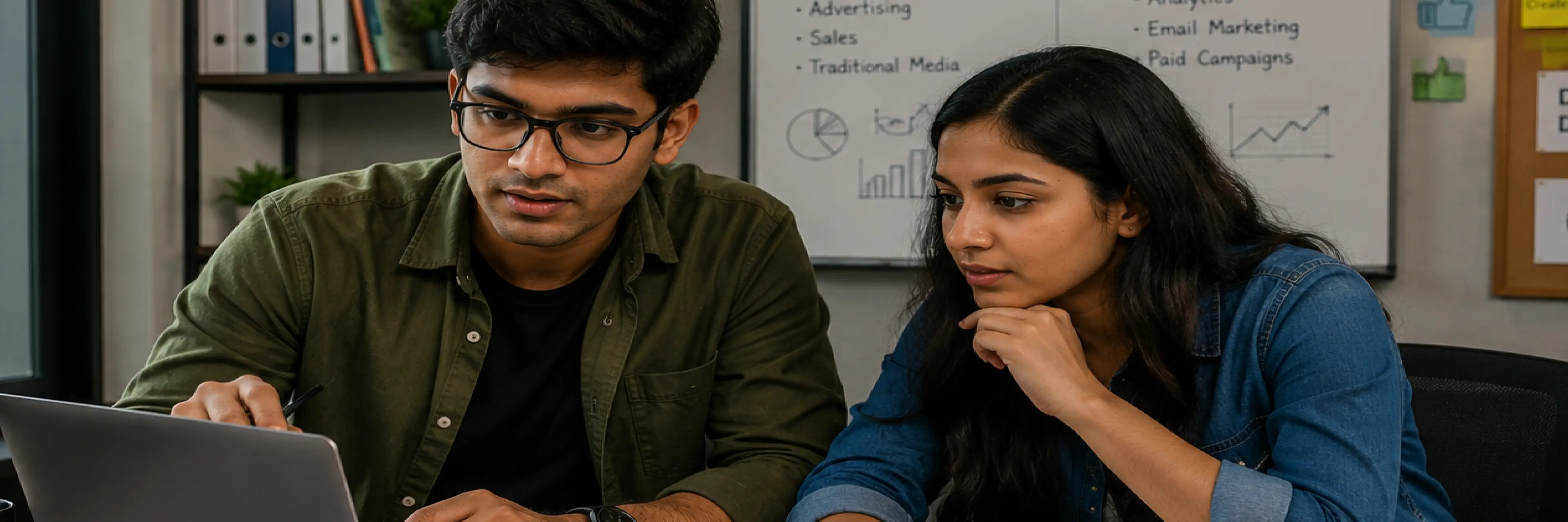 Infographic comparing BBA marketing and BBA digital marketing across subjects, skills, and career outcomes