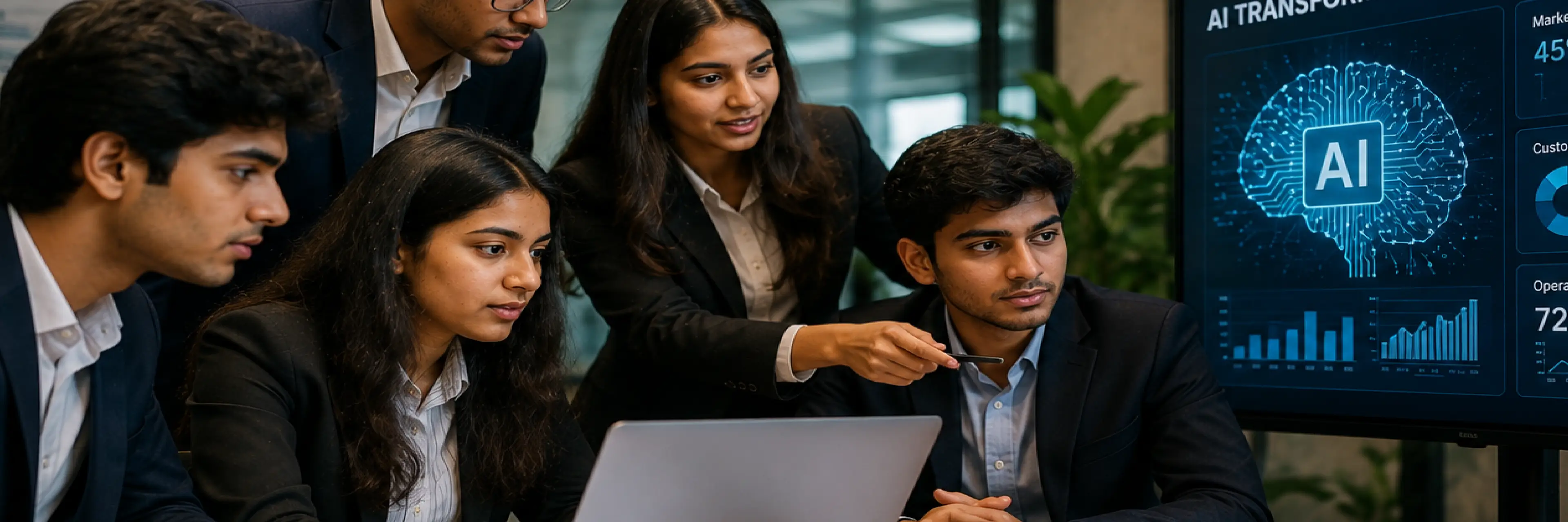 Infographic showing how a BBA in AI prepares students for AI-driven business roles across marketing, finance, HR, operations, and entrepreneurship