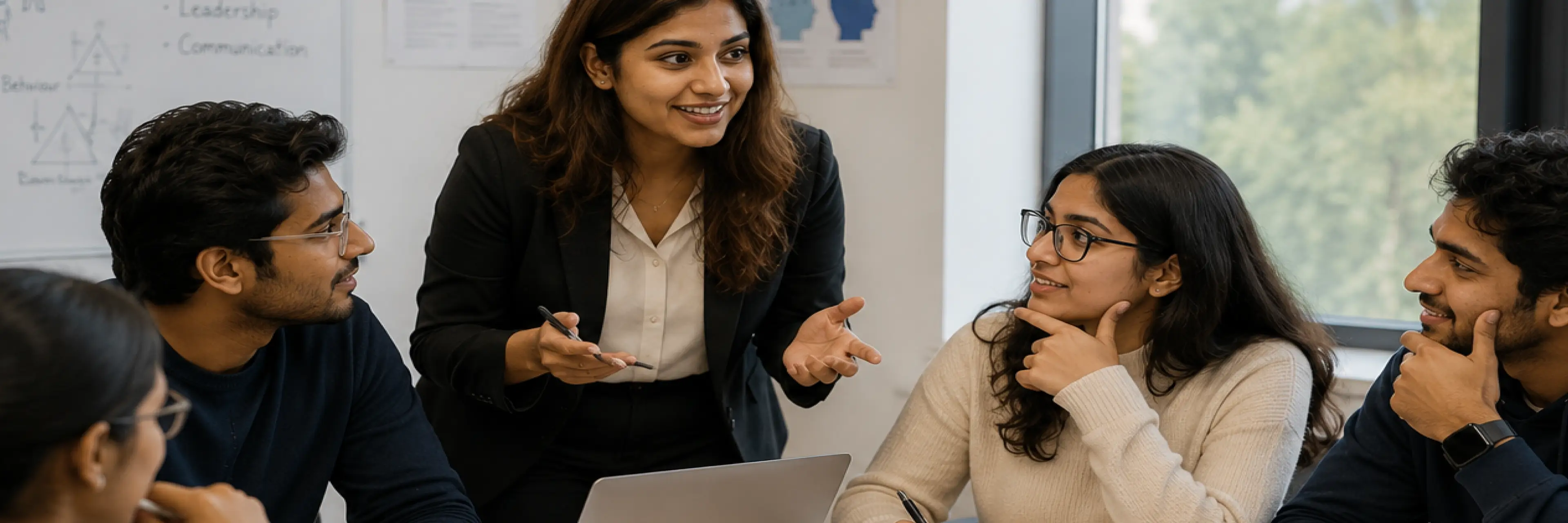 Infographic showing how a BBA in business psychology combines management thinking with psychological principles across organisations, markets, and decisions