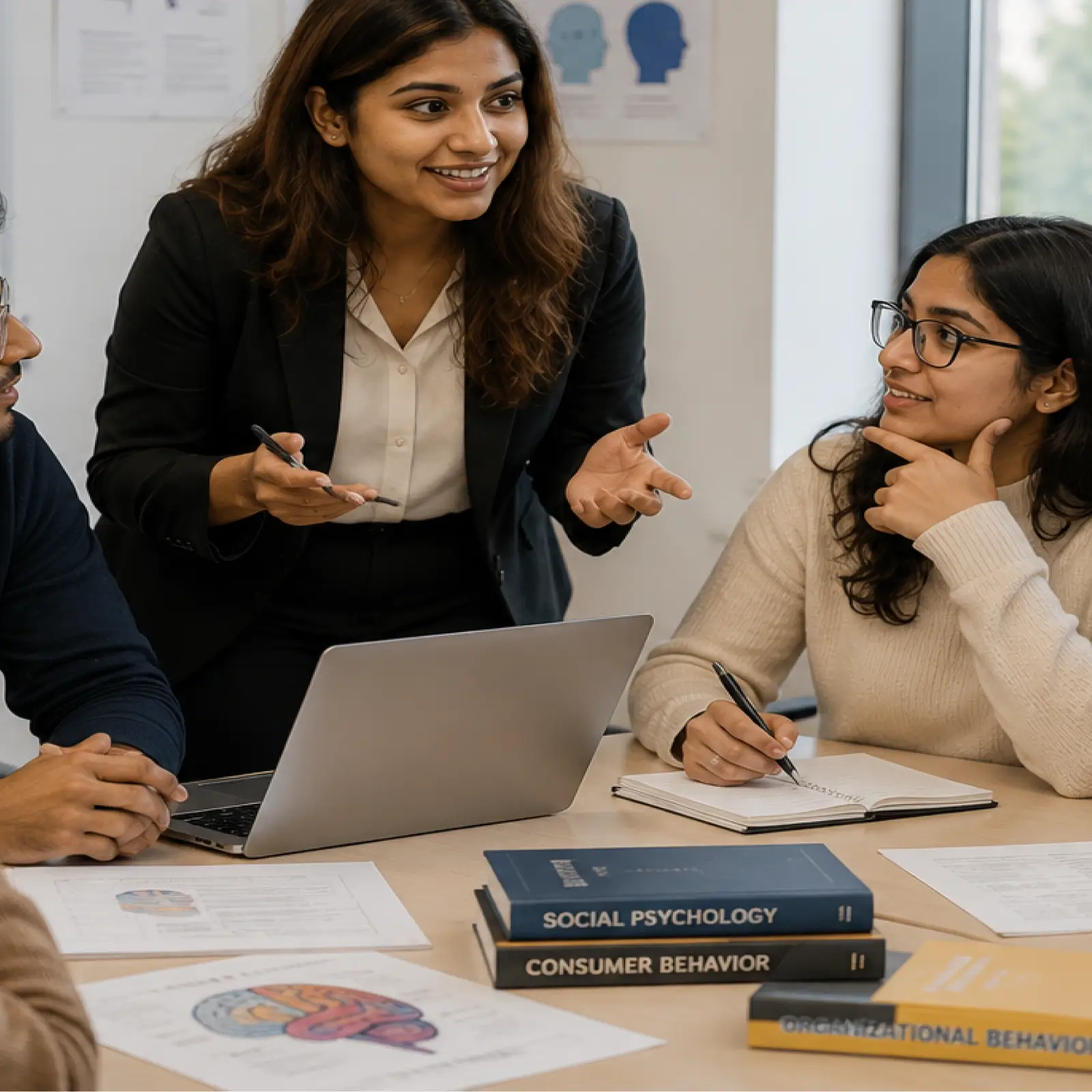 Infographic showing how a BBA in business psychology combines management thinking with psychological principles across organisations, markets, and decisions